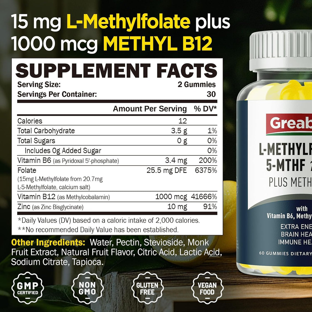 L Methylfolate Gummies, 5-MTHF 15 mg with Methyl B12 1000 mcg, Sugar-Free, 60 Gummies - görsel 7