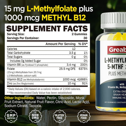 L Methylfolate Gummies, 5-MTHF 15 mg with Methyl B12 1000 mcg, Sugar-Free, 60 Gummies
