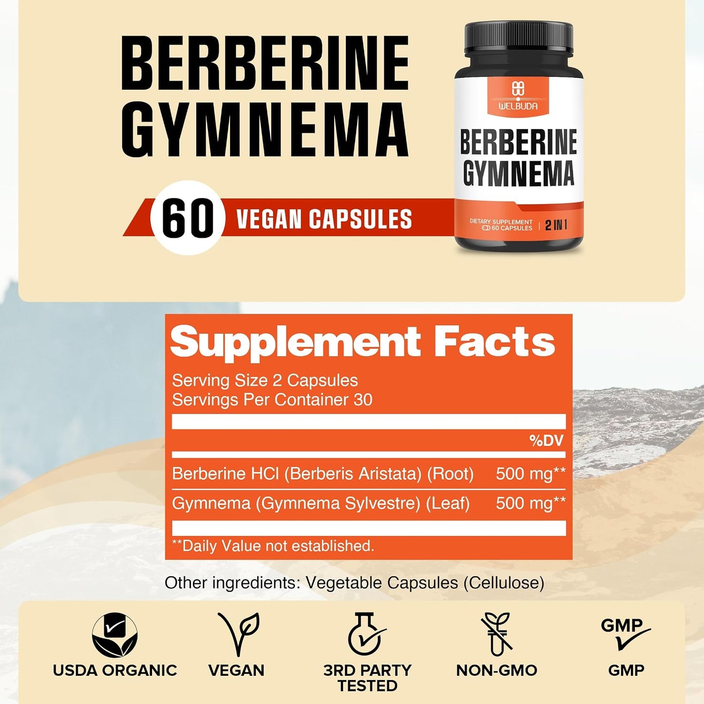 WELBUDA Berberine Food Supplement with Organic Gymnema Sylvestre Leaf - 60 Capsules - görsel 2