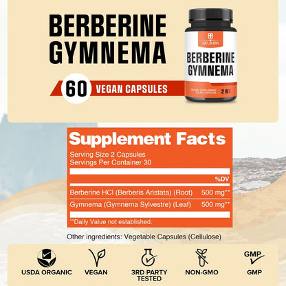 WELBUDA Berberine Food Supplement with Organic Gymnema Sylvestre Leaf - 60 Capsules