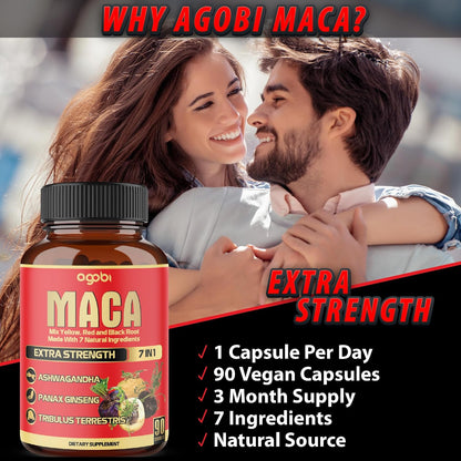 agobi Maca Root Capsules - 7-in-1 Herbal Blend for Energy and Mood, 90 Vegan Capsules (3-Month Supply)