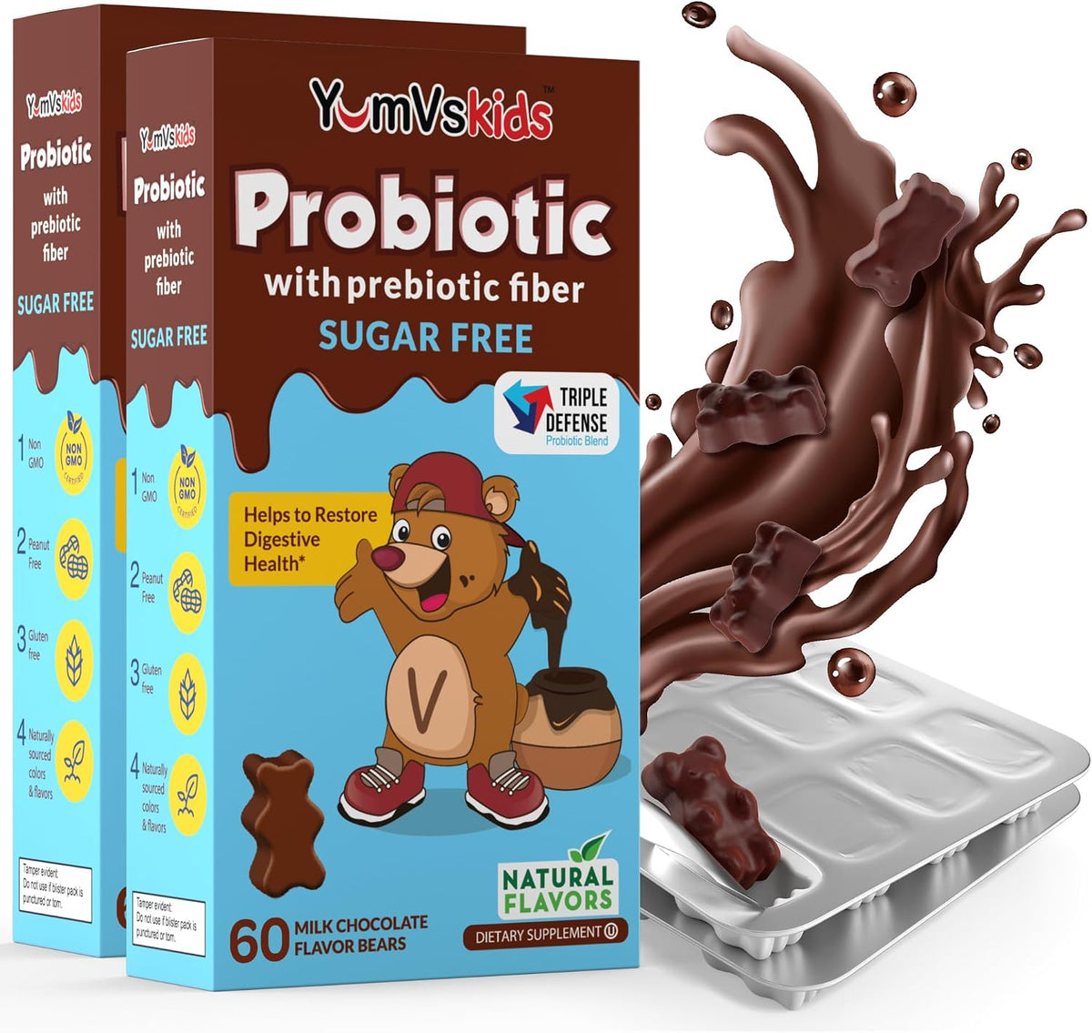 YUM-V'S Probiotics for Kids Chocolate Bears – Probiotic Supplement with Prebiotic Fibre – Sugar-Free – 60 Count (Pack of 2) - görsel 1