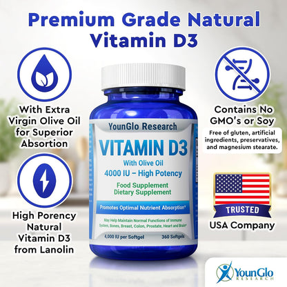 Vitamin D3 4000 IU Food Supplement - 360 Softgels - Bone and Immune Health
