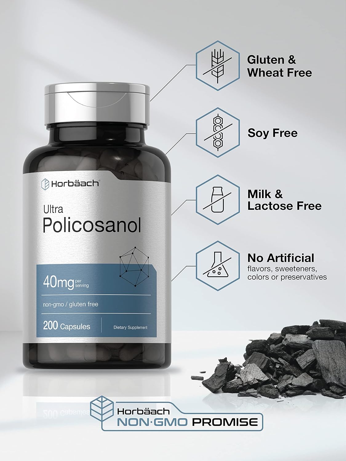 Horbäach Policosanol 40mg, 200 Capsules – Non-GMO & Gluten-free Supplement - görsel 4