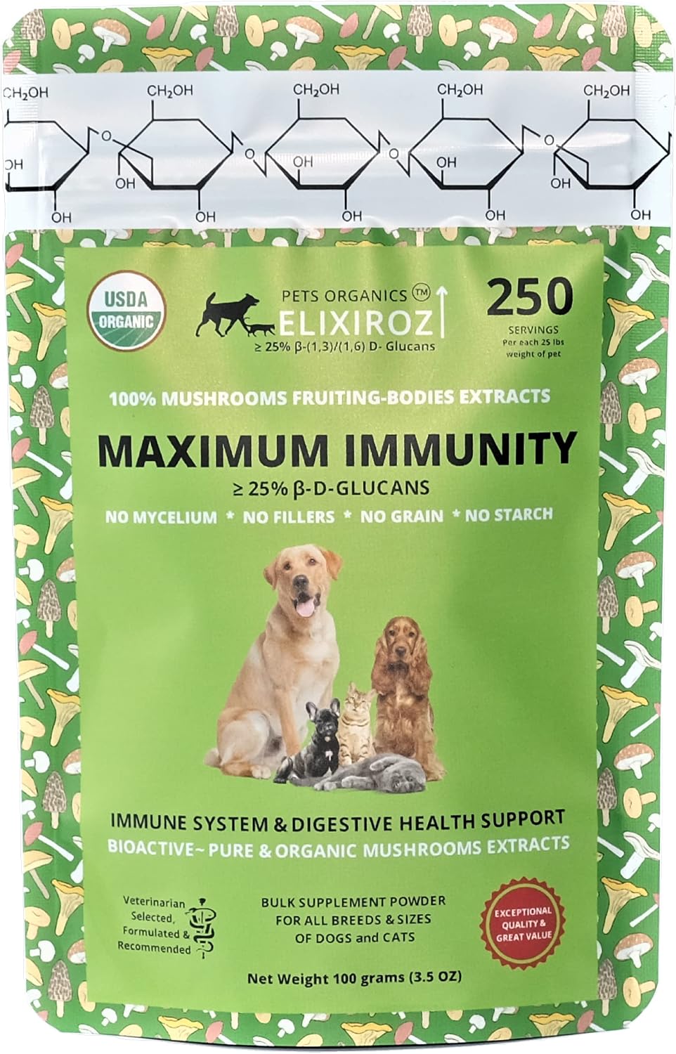 Mushroom Complex for Dogs and Cats – 25%+ Beta Glucans – Fruiting Body Extract Blend (Turkey Tail, Reishi, Maitake, Shiitake) – Immune and Gut Support – No Mycelium, No Fillers – 250 Servings - görsel 1