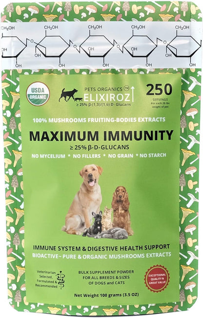 Mushroom Complex for Dogs and Cats – 25%+ Beta Glucans – Fruiting Body Extract Blend (Turkey Tail, Reishi, Maitake, Shiitake) – Immune and Gut Support – No Mycelium, No Fillers – 250 Servings