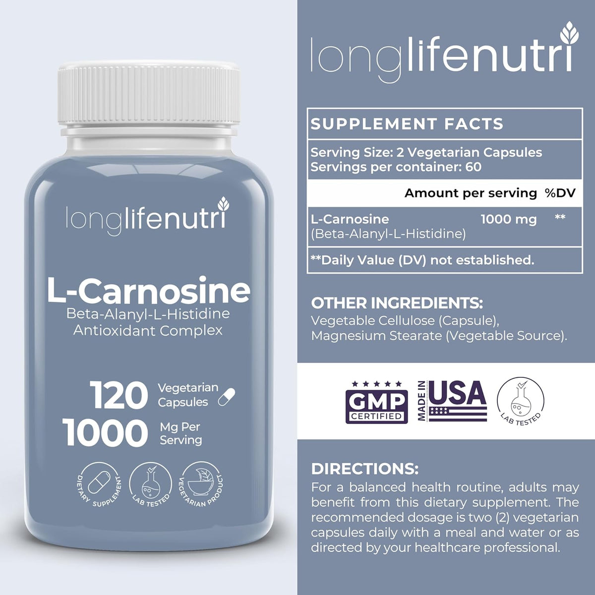 LongLifeNutri L-Carnosine 1000mg - Beta-Alanyl-L-Histidine Supplement for Cellular Energy & Brain Clarity, 120 Vegan Capsules - görsel 2