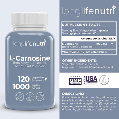 LongLifeNutri L-Carnosine 1000mg - Beta-Alanyl-L-Histidine Supplement for Cellular Energy & Brain Clarity, 120 Vegan Capsules