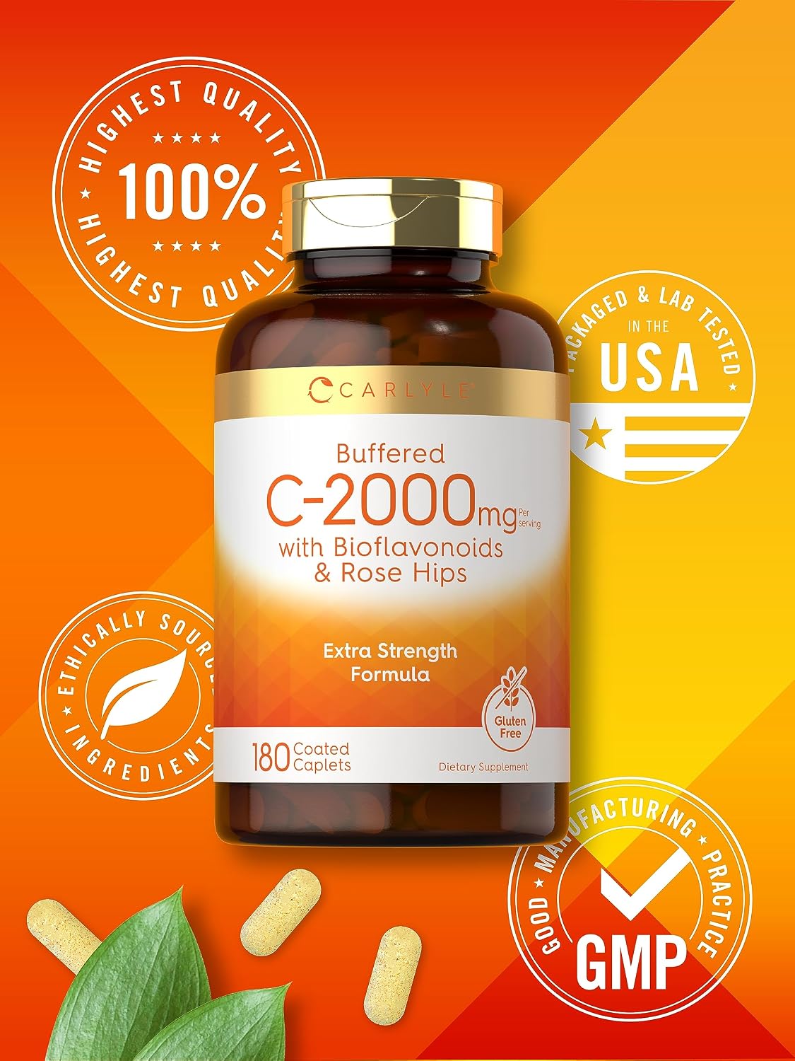 Carlyle Buffered Vitamin C | 2000mg | 180 Caplets | with Bioflavonoids and Rose Hips | Vegetarian, Non-GM, and Gluten-free Food Supplement - görsel 5
