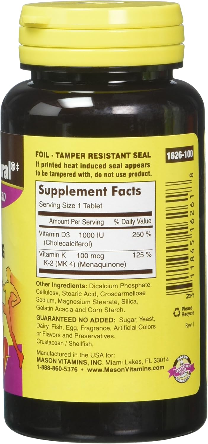 Mason Natural Vitamin D3 & K2 Tablets, 1000 IU / 100 mcg, 300 Tablets (3 x 100) - görsel 3