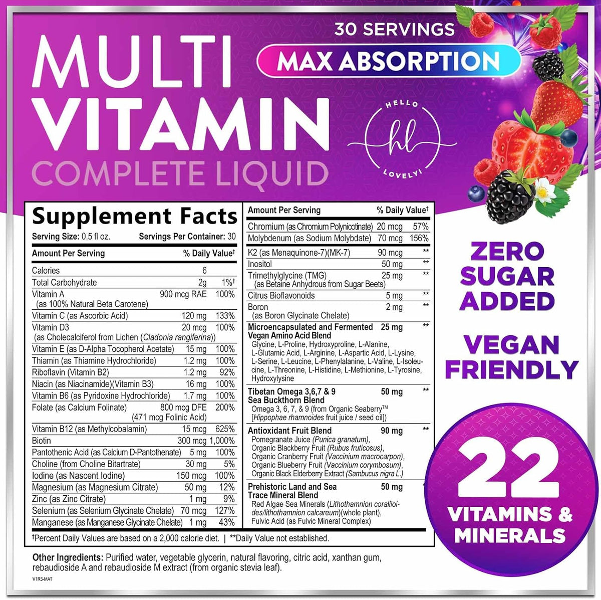 Hello Lovely! Liquid Multivitamin – Sugar Free Daily Multi for Women, Men & Kids, Berry Flavour (450 ml) - görsel 2