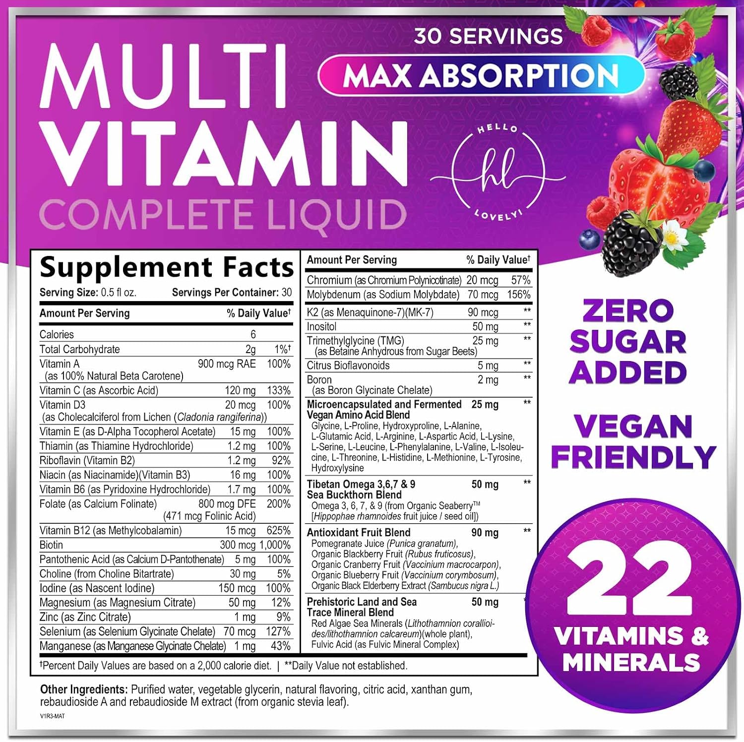 Hello Lovely! Liquid Multivitamin – Sugar Free Daily Multi for Women, Men & Kids, Berry Flavour (450 ml) - görsel 2
