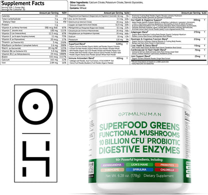 Optimum Human Superfood Greens Powder – 90+ Ingredient Blend with Lion’s Mane, Ashwagandha & Turmeric – Non-GMO, Soya-Free, Mushroom Supplements for Women – 178 g