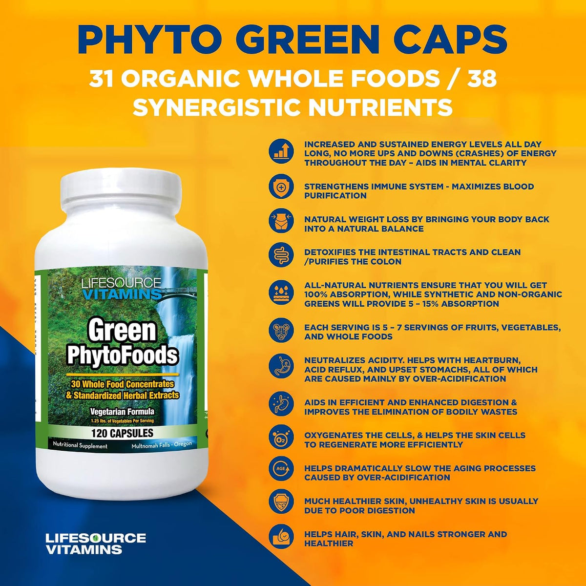 LifeSource Vitamins Phyto Green Mega-Food Caps - 31 Whole Foods & 38 Nutrients - Super Greens Supplement - görsel 3