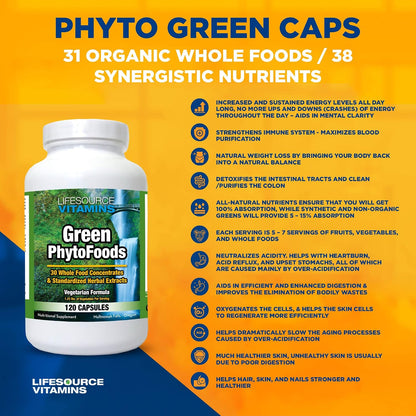 LifeSource Vitamins Phyto Green Mega-Food Caps - 31 Whole Foods & 38 Nutrients - Super Greens Supplement