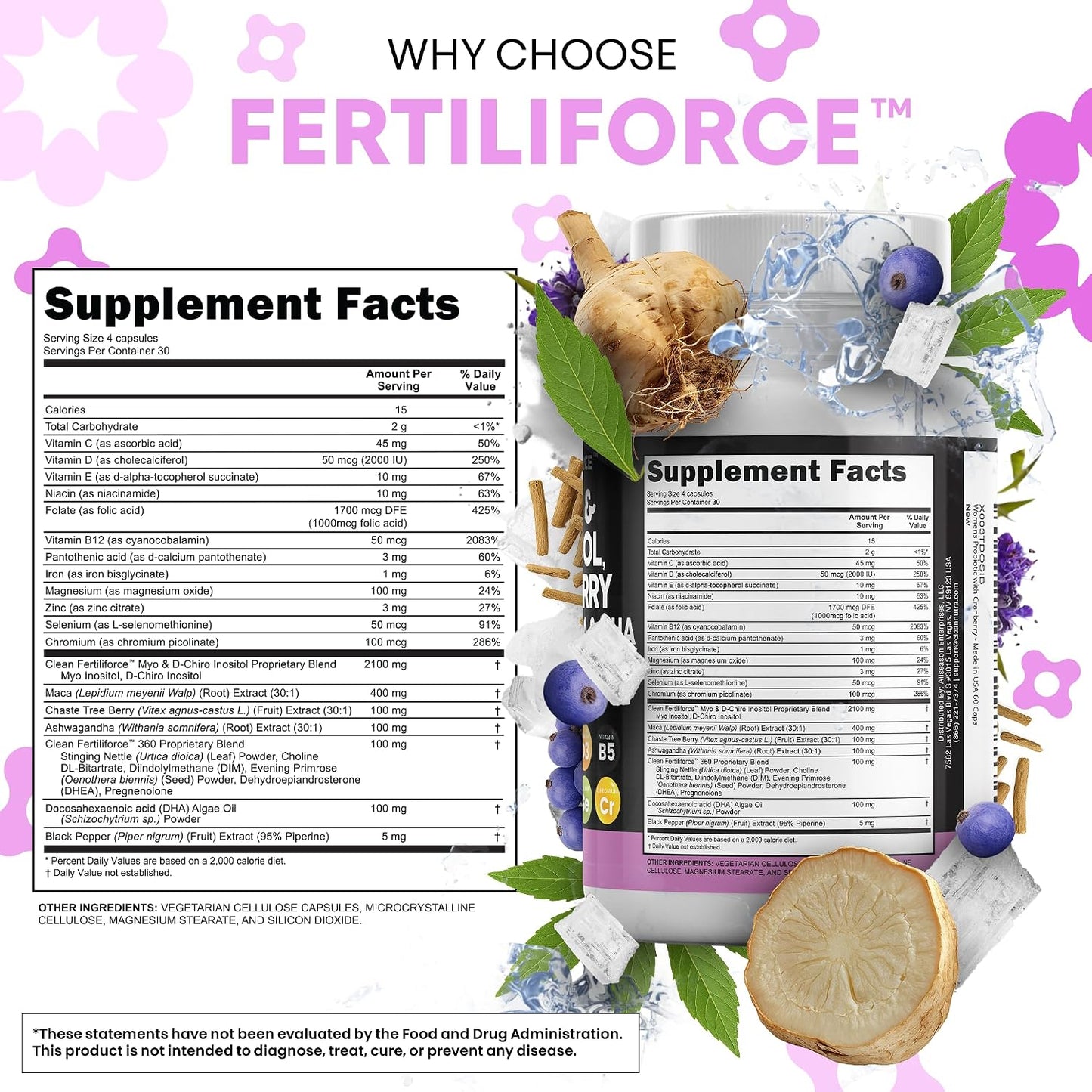 Clean Nutraceuticals Myo-Inositol & D-Chiro Inositol 2050mg Fertility Supplement 40:1 Ratio - Antenatal Vitamins for Women with Ashwagandha Maca Root Vitex Chasteberry Iron DHA Folic Acid DIM Zinc (1) - görsel 5