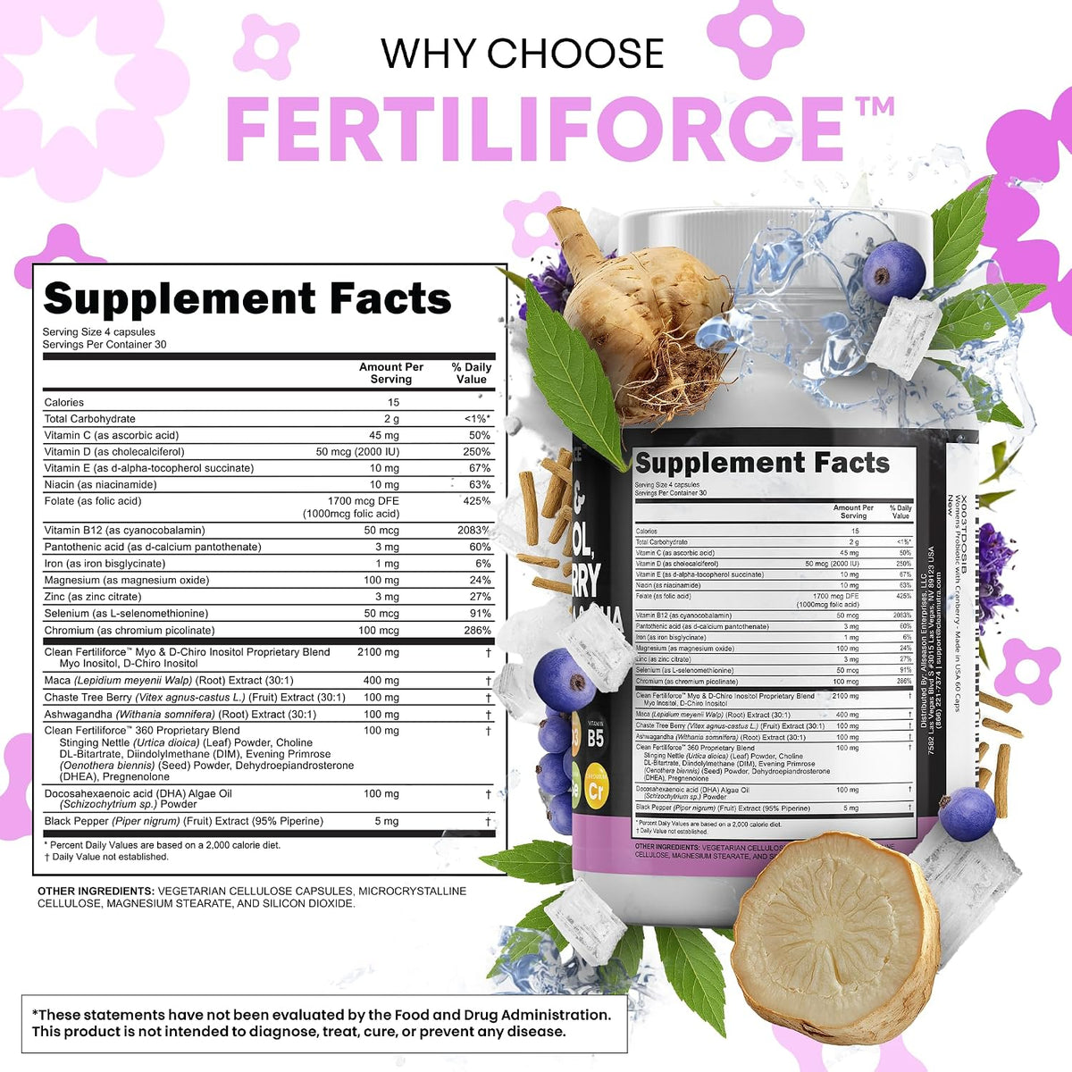 Clean Nutraceuticals Myo-Inositol & D-Chiro Inositol 2050mg Fertility Supplement 40:1 Ratio - Antenatal Vitamins for Women with Ashwagandha Maca Root Vitex Chasteberry Iron DHA Folic Acid DIM Zinc (1) - görsel 5