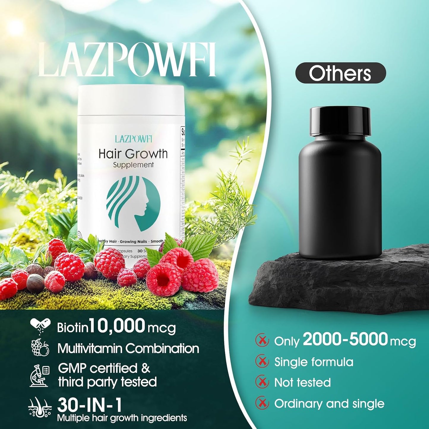 Lazpowfi Hair Growth Supplement - Biotin 10000mcg, 30-in-1 Vitamins for Hair, Skin & Nails - 120 Capsules (30 Servings) - görsel 3
