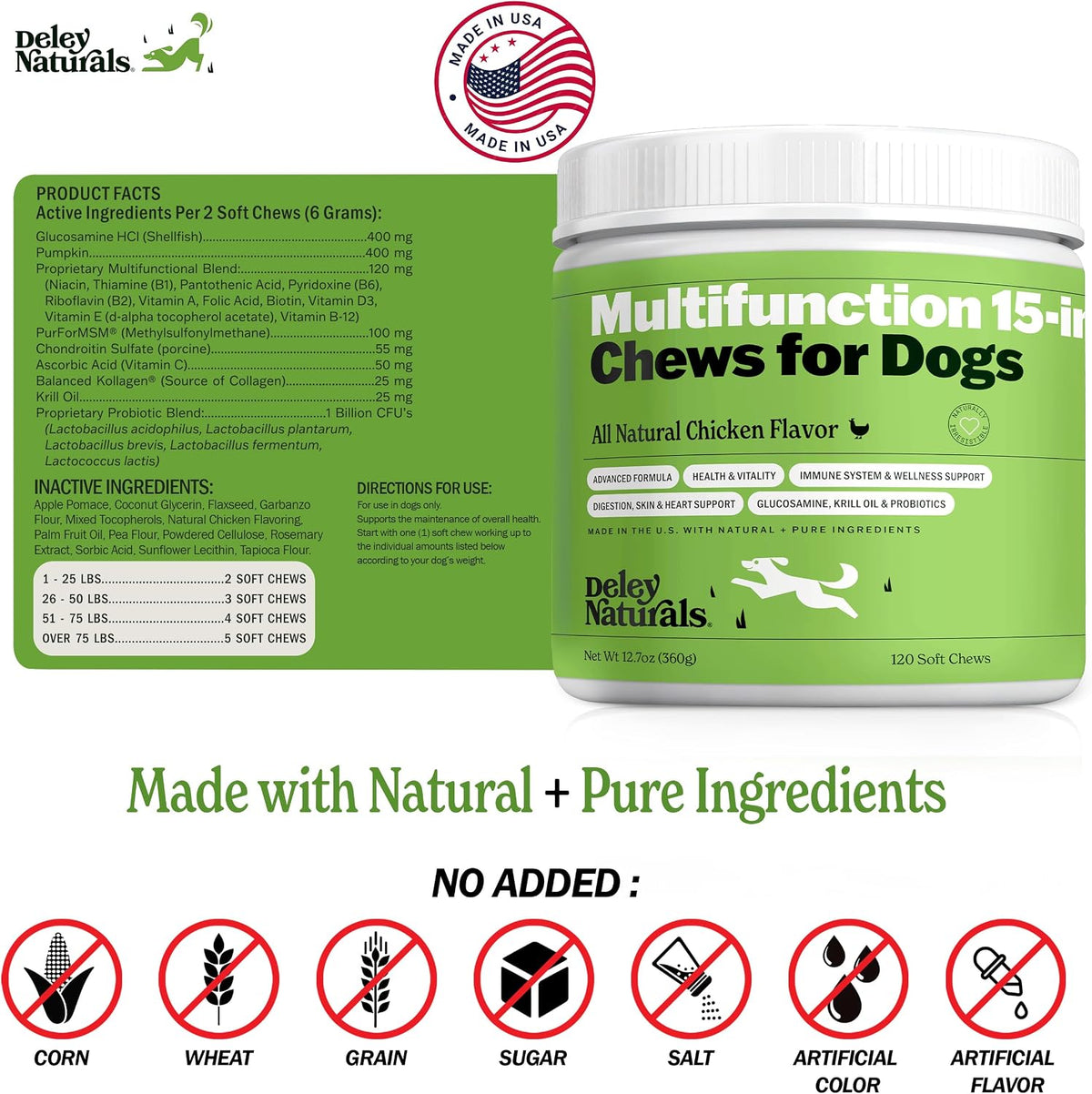 Deley Naturals 15 in 1 Multivitamin for Dogs - Complete Dog Vitamins and Supplements for Immune Support, Joint, Skin, Digestion, Heart & Overall Health - Daily Multifunction Supplements - 120 Chews - görsel 6
