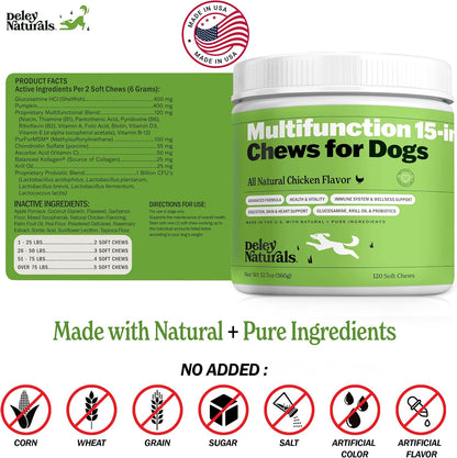 Deley Naturals 15 in 1 Multivitamin for Dogs - Complete Dog Vitamins and Supplements for Immune Support, Joint, Skin, Digestion, Heart & Overall Health - Daily Multifunction Supplements - 120 Chews