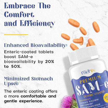 Enerlix SAM-e 1200mg | High Absorption Supplement with CoQ10 & 5-HTP | 60 Enteric Coated Tablets