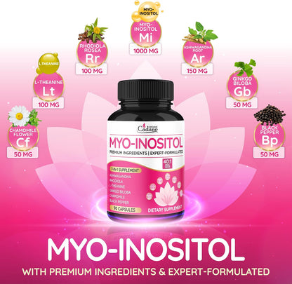 Organic Cadane Myo Inositol & Ashwagandha Capsules with Rhodiola, L-Theanine, Ginkgo Biloba, and More | Supports Body Balance & Digestive Health | Vegan, Non-GMO - 90 Capsules
