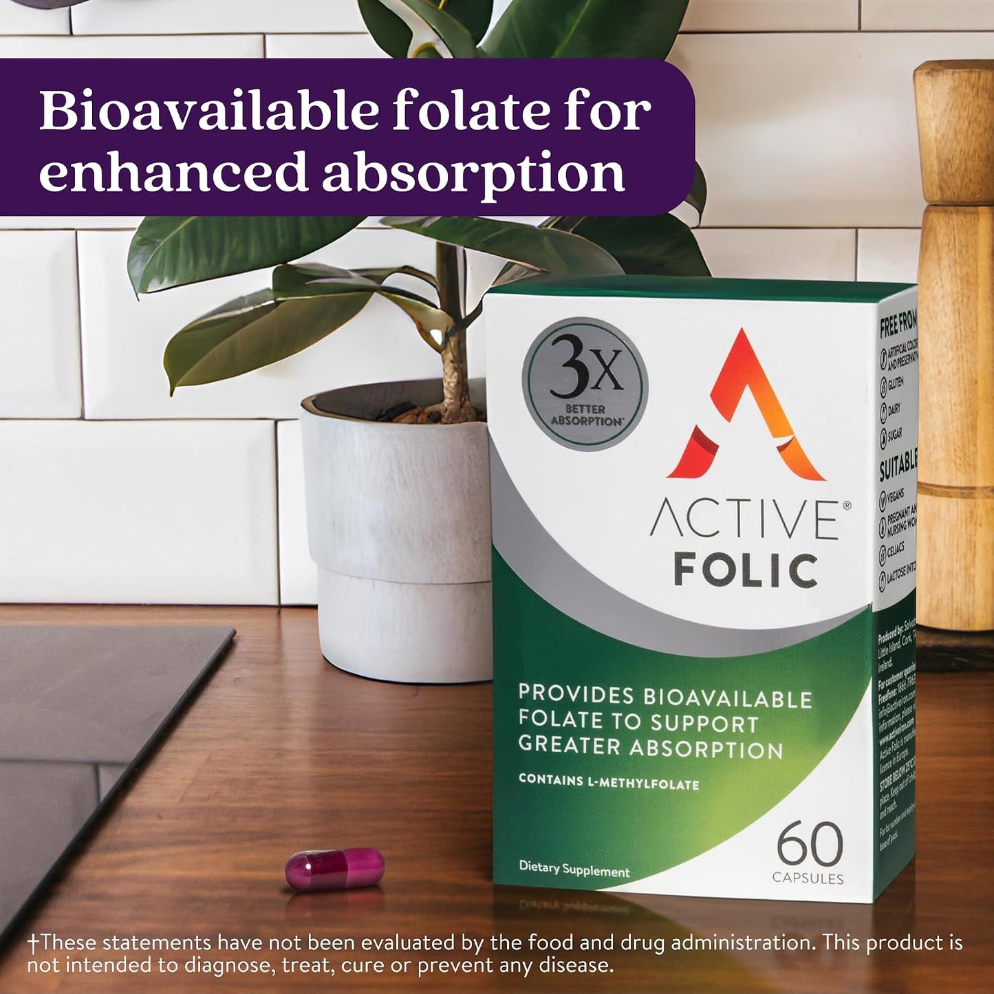 Active Folic Acid Supplement, 400mcg L-Methylfolate, Supports Pregnancy & Energy, Vegan, 60 Capsules - görsel 2
