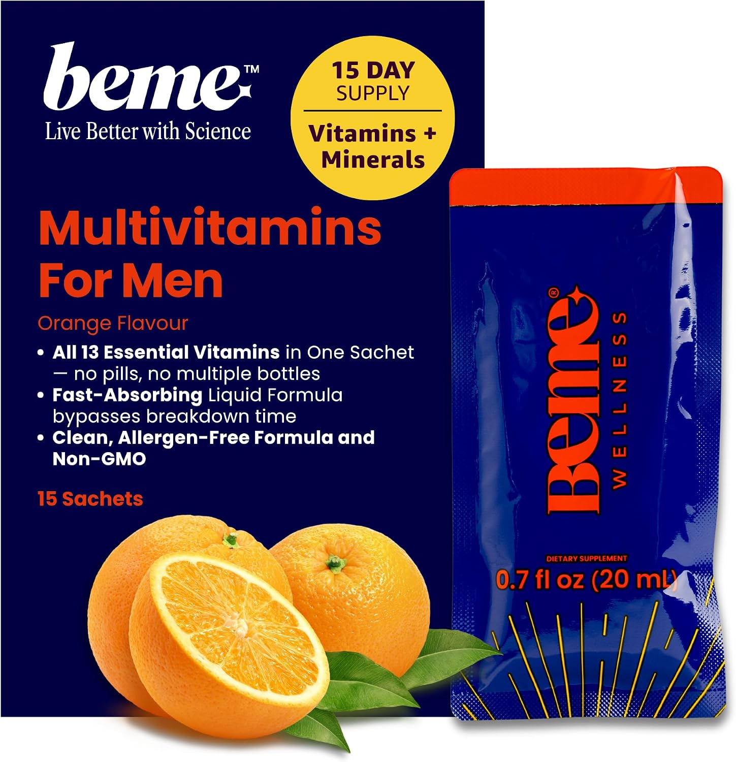 BeMe Liquid Multivitamins for Men - 13 Vitamins & Minerals, Liquid Delivery, Tear & Go Sachets, Orange Flavour (30 Sachets) - görsel 10