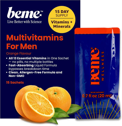 BeMe Liquid Multivitamins for Men – 13 Vitamins & Minerals, Non-GMO, Orange Flavour (15 Sachets)
