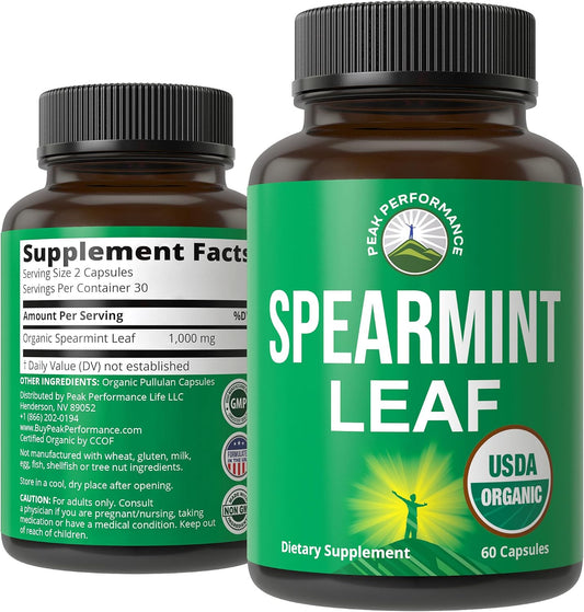 Peak Performance Organic Spearmint Capsules. Organic Vegan Spearmint Leaf Pills for Digestive Support and General Wellness. UK Tested Supplement for Women and Men.