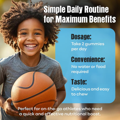 Youth Athletic Gummies – Children's Multivitamin Gummies with Essential Nutrients, Immune & Energy Support, Vegan & Gelatin-Free, Includes Vitamins A, C, B3, B12, Omega-3, Zinc – Ages 5-18