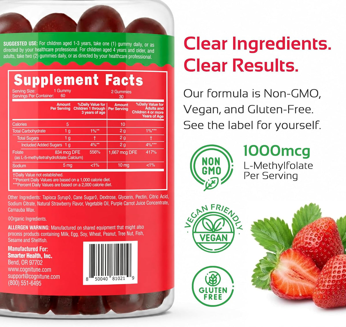 CogniTune Methylfolate Gummies - L-Methylfolate 1000mcg 5-MTHF Folate Supplement for Kids and Adults - Strawberry Chewable Vitamin B9 - Non-GMO Vegan - 60 Gummies - görsel 5