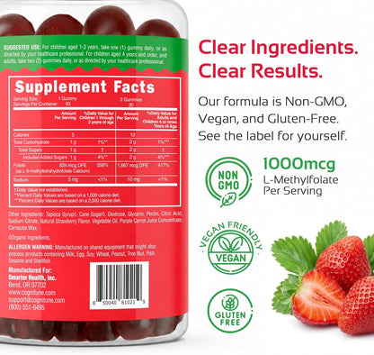 CogniTune Methylfolate Gummies - L-Methylfolate 1000mcg 5-MTHF Folate Supplement for Kids and Adults - Strawberry Chewable Vitamin B9 - Non-GMO Vegan - 60 Gummies