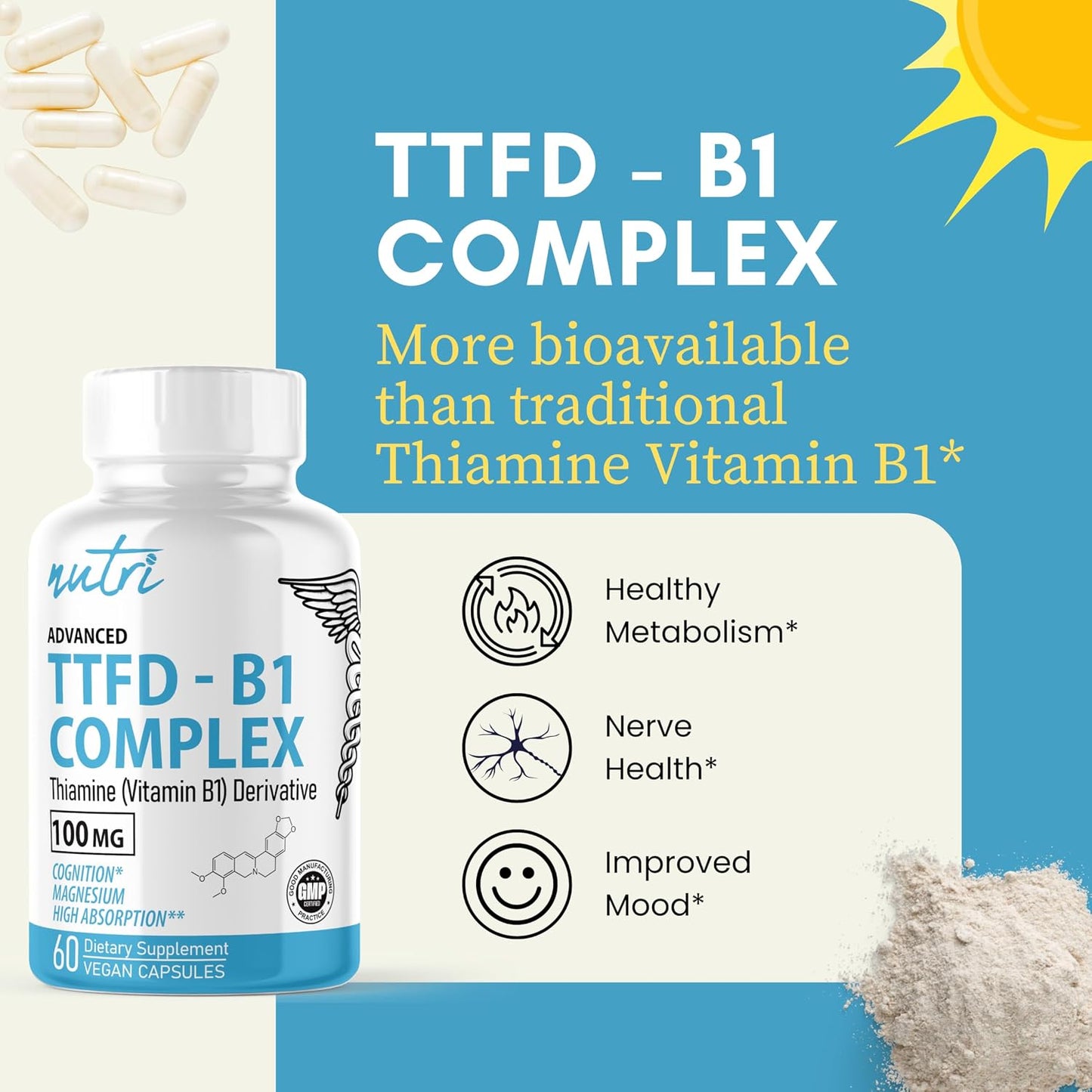 Nature's Fusions TTFD Thiamine B1 Supplement - 100mg with Magnesium, 60 Capsules - görsel 4