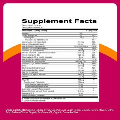 SmartyPants Women’s Plus 50+ Multi & Omegas Multivitamin Gummies with Omega-3 DHA/EPA, Methylfolate, CoQ10, Vitamin D3, C, B12, B6, A, K, Biotin, Two Fruit Flavours, 90 Count (30 Day Supply)