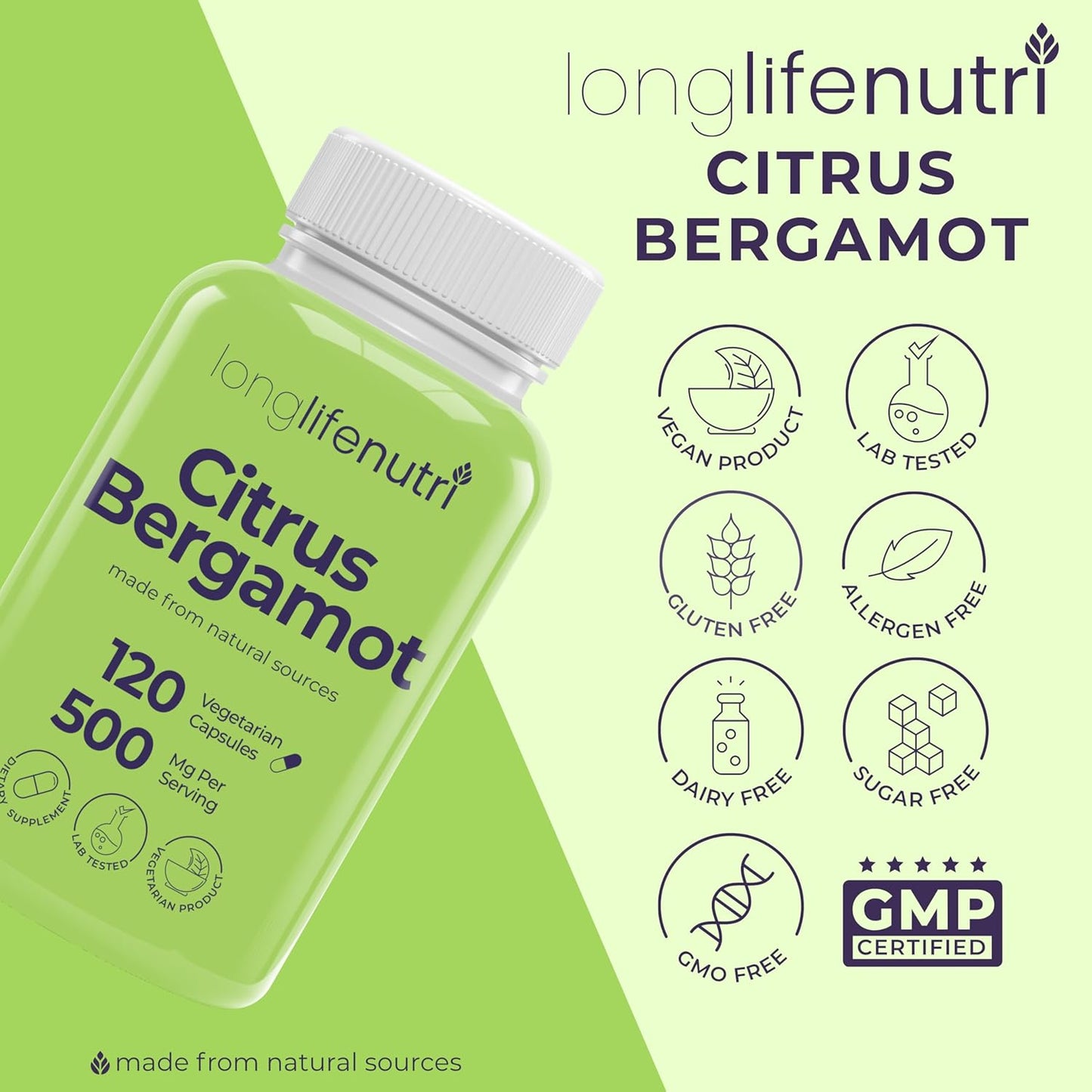 LongLifeNutri Citrus Bergamot Extract 500 mg – 120 Vegetarian Capsules (4-Month Supply) - görsel 7