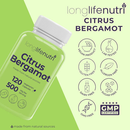 LongLifeNutri Citrus Bergamot Extract 500 mg – 120 Vegetarian Capsules (4-Month Supply)