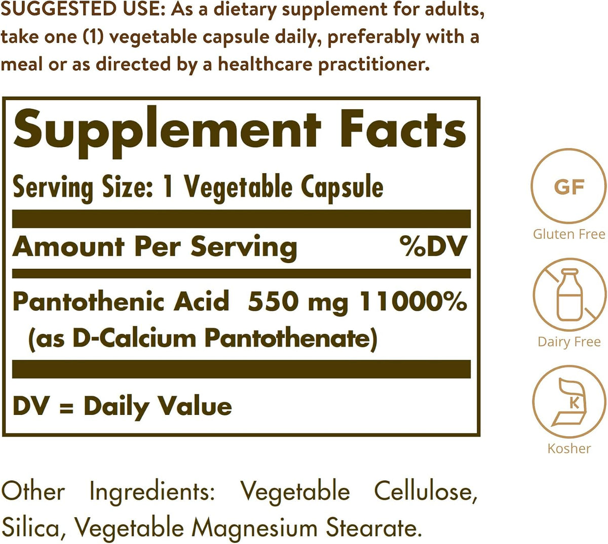 Solgar Pantothenic Acid 550 mg, 100 Vegetable Capsules – Vitamin B5 - görsel 2