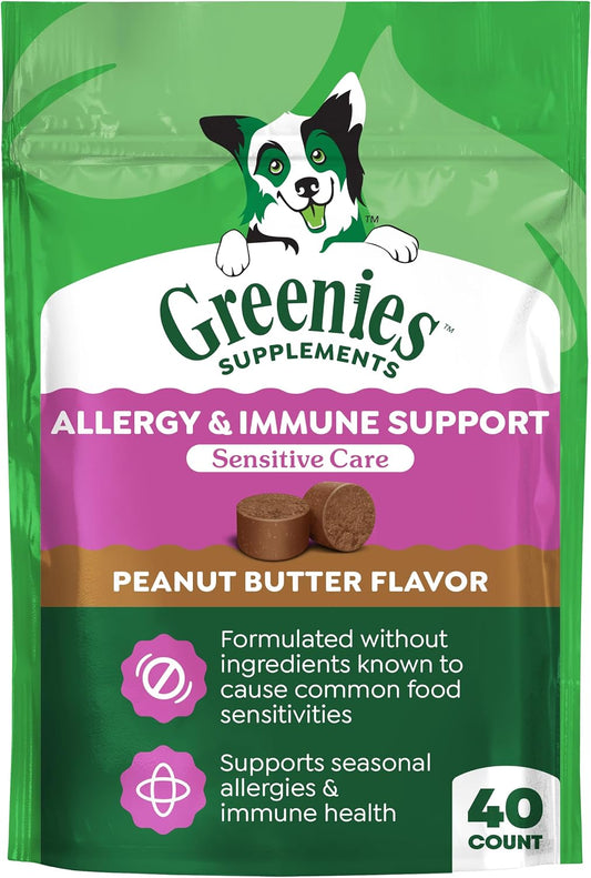 Greenies Supplements Sensitive Care Allergy & Immune Support Soft Dog Chews Chicken-Free Formula, Peanut Butter Flavour, 220 g Pouch, 40 Chews