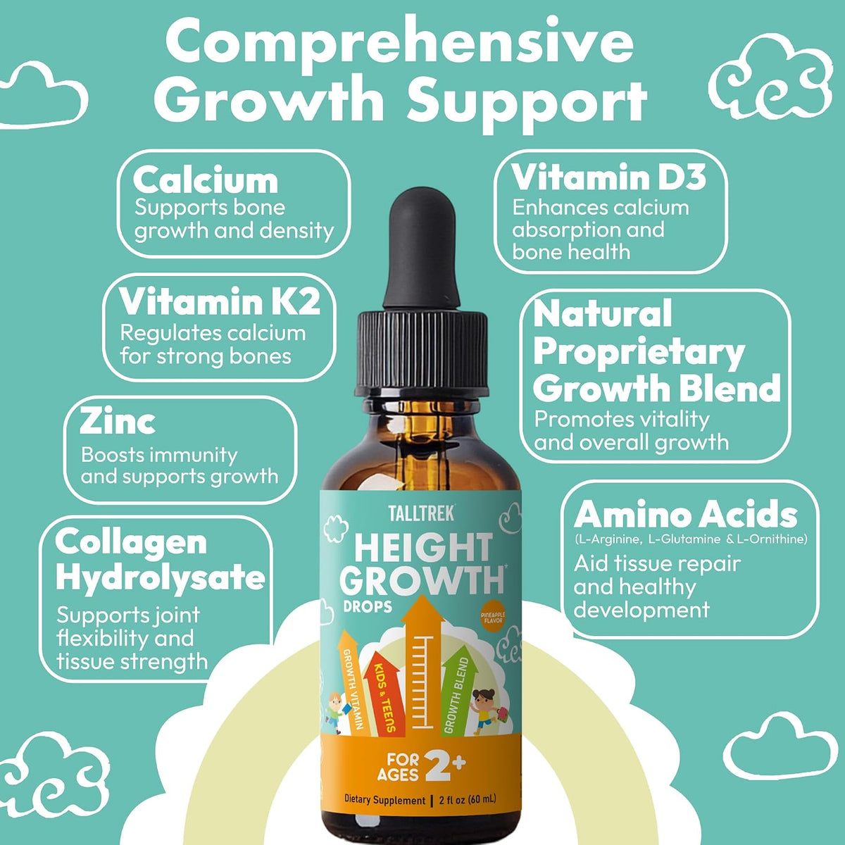 TallTrek Height Growth Supplement Drops for Kids & Teens – Bone Growth & Immune Support with Vitamins D3, K2, Zinc & Calcium – Gluten-free Vegan Pineapple Flavour - görsel 3