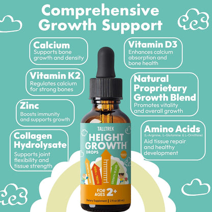 TallTrek Height Growth Supplement Drops for Kids & Teens – Bone Growth & Immune Support with Vitamins D3, K2, Zinc & Calcium – Gluten-free Vegan Pineapple Flavour