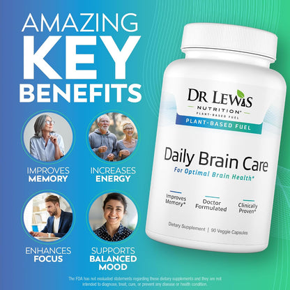 Dr Lewis Daily Brain Care Capsules – Plant-Based Nootropic for Memory, Focus, and Mental Clarity – 90 Capsules