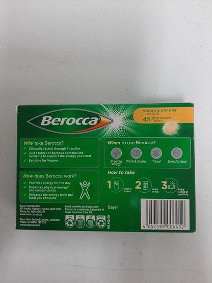 Berocca Energy Vitamin B & C Mango & Orange Flavour Effervescent Tablets, 45 Tablets