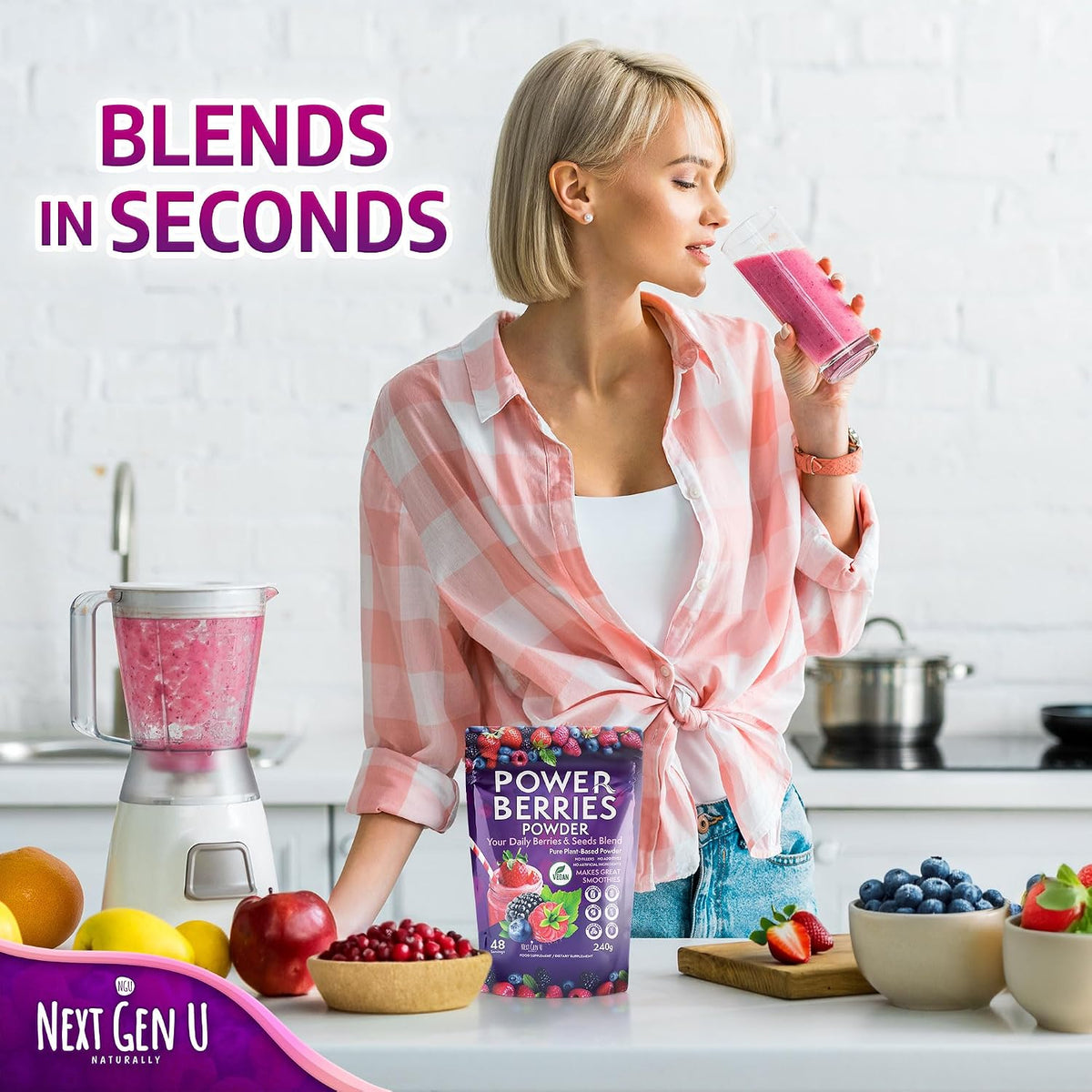 Super Berry Powder - 1 Pack, 240g - Food Supplement with Superfood Berries - Immune Support & Antioxidant Blend - Smoothie Mix for Shakes - by NextGenU - görsel 6