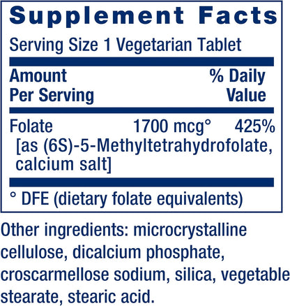 Life Extension Optimised Folate – L-Methylfolate – Heart & Brain Support, Healthy Homocysteine Levels – 1700 mcg DFE, 100 Vegetarian Tablets
