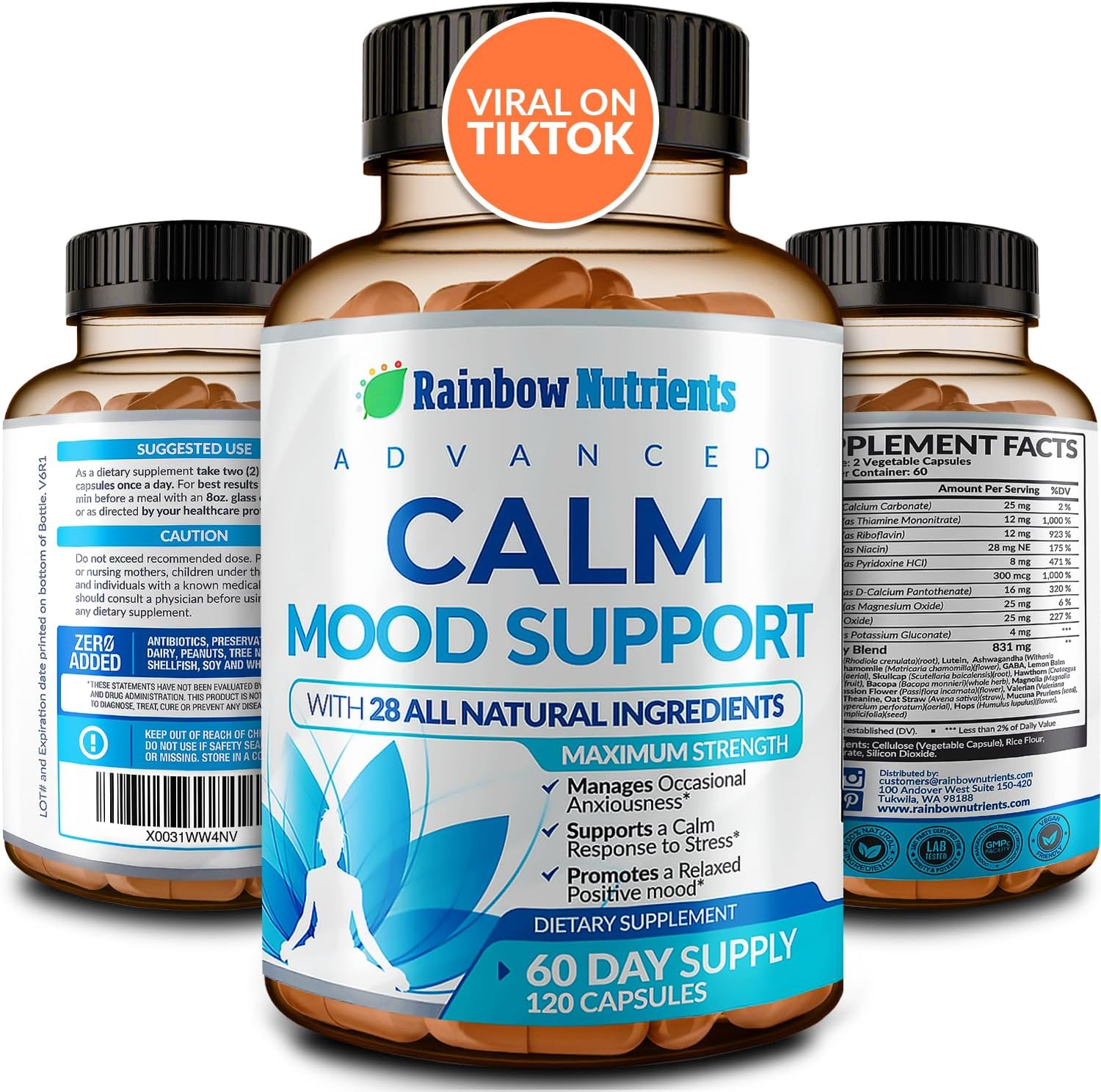Rainbow Nutrients Calm Mood Support Supplement - 28 in 1 Natural Stress & Anxiety Support with Rhodiola, Ashwagandha, 5-HTP, GABA - 120 Vegan Capsules - görsel 1