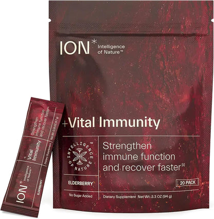 ION* Intelligence of Nature Vital Immunity Drink Mix - Immune Support with Vitamin C & Adaptogen Mushrooms, Daily Wellness Drink Packet Supplement, Travel Friendly - Elderberry Flavour, 20 Packets