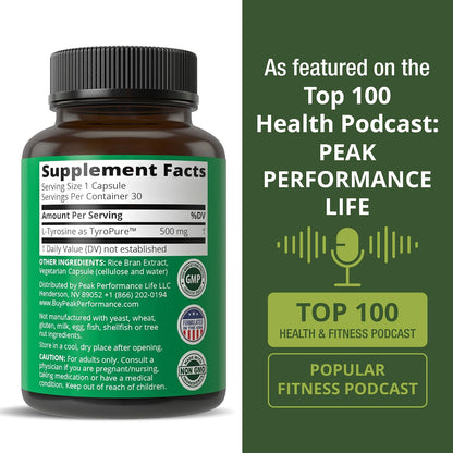 TyroPure L-Tyrosine 500mg Capsules - Naturally Fermented for Optimum Absorption