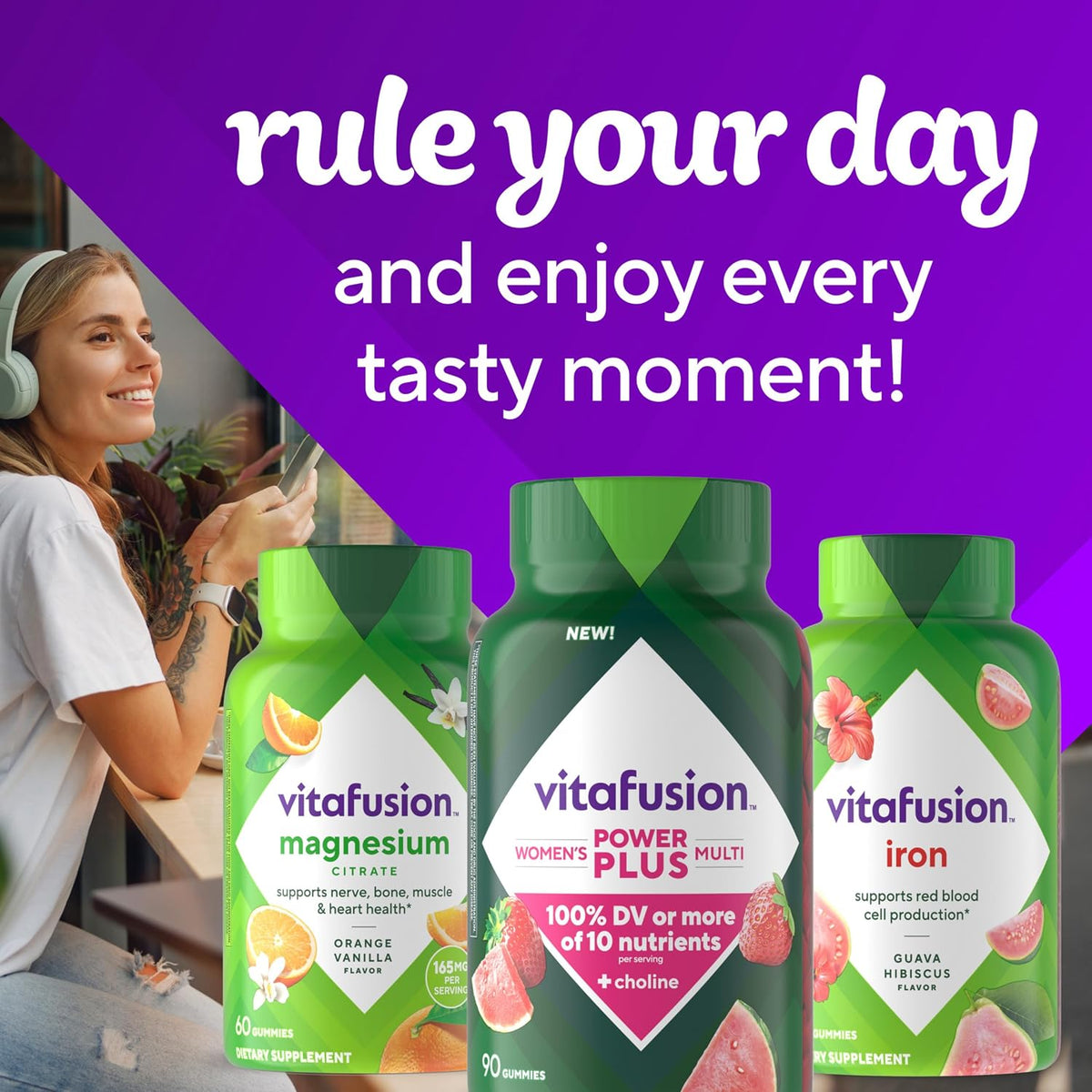 vitafusion Power Plus Women’s Multivitamin Gummies, 100% Nutrient Reference Value or More of 10 Nutrients, Helps Support Normal Energy Metabolism, Bone & Immune Health, Strawberry & Watermelon Flavour, 90 Gummies - görsel 9