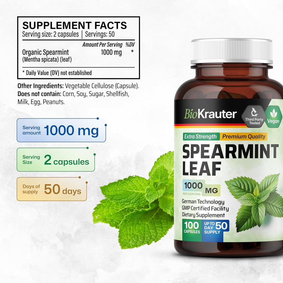 BIO KRAUTER® Spearmint Capsules – Vegan Pure Spearmint Supplement 1000 mg - görsel 4